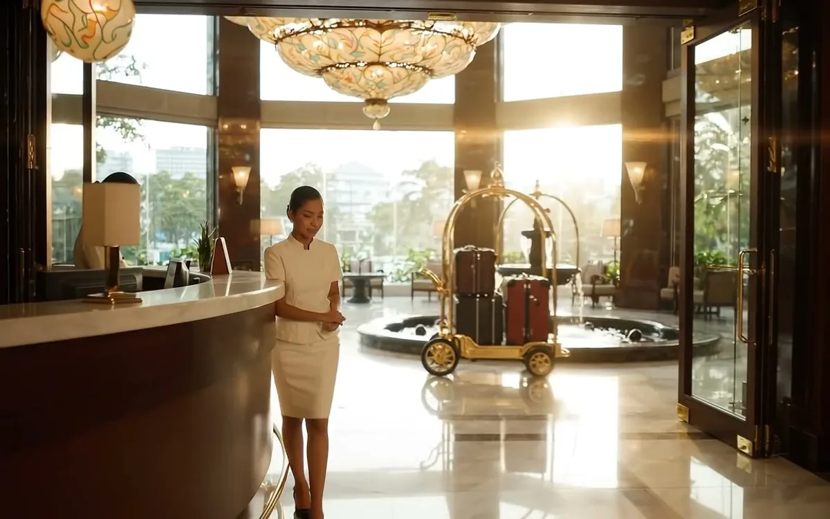 Front desk associate welcoming a guest in a hotel lobby